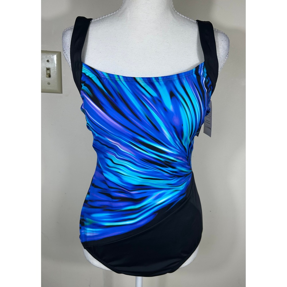 Mimi Flamingo Shape Solver Sport Swimsuit Sz 12 Blue Squareneck Illusion NEW